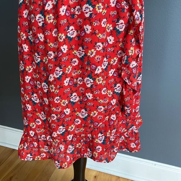 Harper Hertage red floral crepe split neckline wrap bodice ruffle skirt halter - Picture 5 of 9